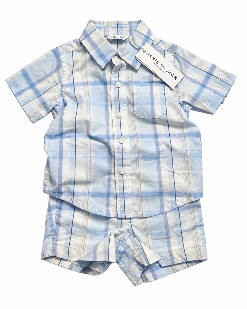 Janie and Jack Baby Boys 6-12M Blue Plaid Shirt Shorts 2 Piece Set NWT